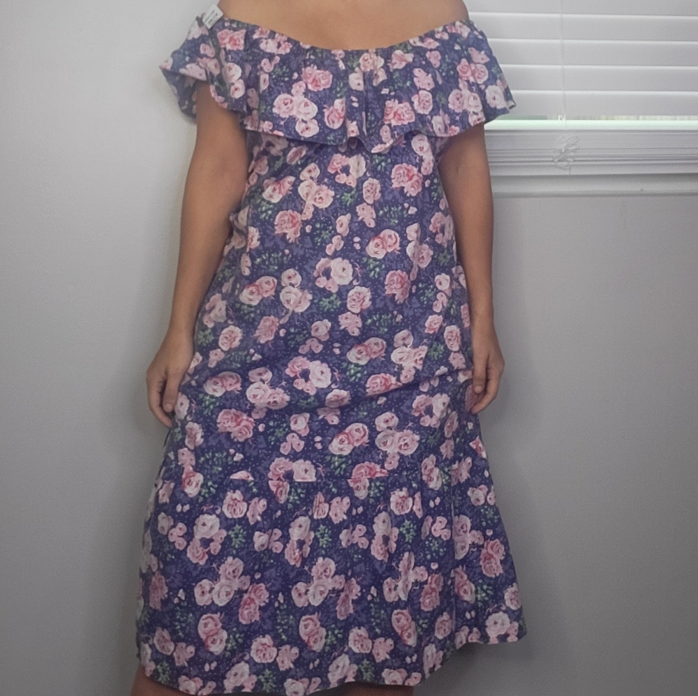 Vintage 70s Off The Shoulder Cabbage Rose Floral Dress - Picture 7 of 12